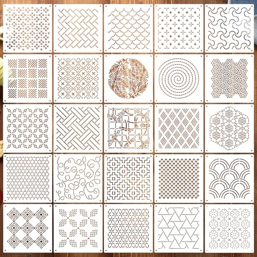 Set di 25 stencil Sashiko, in plastica Sashiko, stabilizzatori geometrici, per quilting a mano e cucito, motivi geometrici (4,7 x 4,7 pollici)
