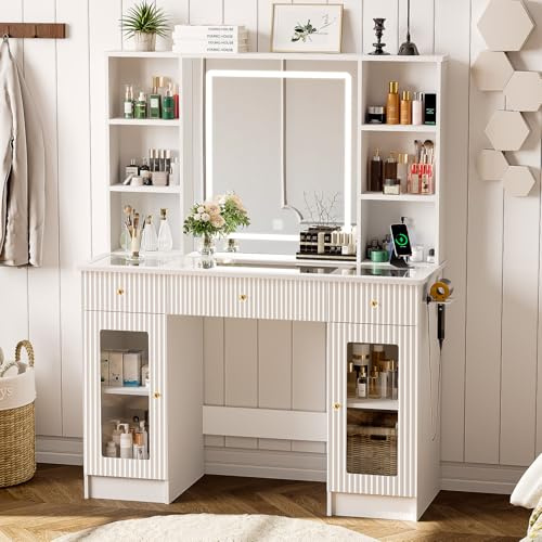Belife Schminktisch mit LED-Spiegel & Glasplatte, Moderner Make-up Tisch mit Steckdose, 3 Schubladen & Riffeloptik Design, 3 Lichtfarben Dimmbar