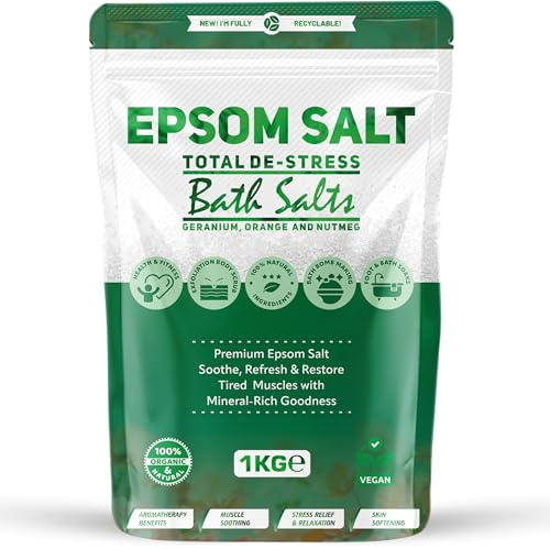 Epsom Bath Salts 1kg – Geranium, Orange & Nutmeg Scent | Natural Magnesium Sulphate | Calming Bath Soak for Deep Relaxation, Sleep Support & Muscle Recovery (Pack of 1)