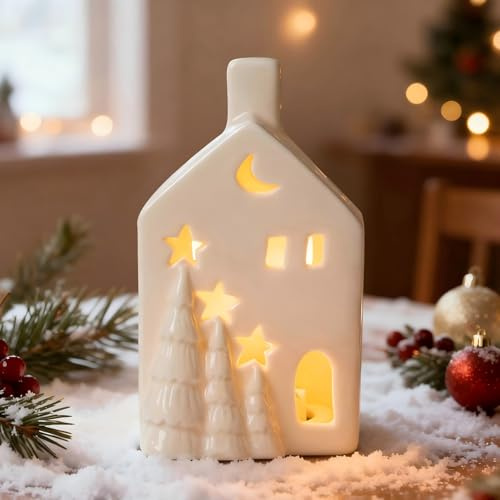 Weihnachtsdeko LED Lichthäuser,Häuser Teelichthaus Keramik,Weihnachtshaus Beleuchtet,Weiß Lichterhaus Weihnachtsdorf Teelichthalter,Weihnachtshäuser Weihnachten Deko Lichthaus Teelicht Haus (A)