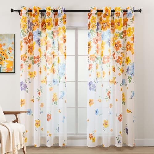 L.Z.E Gardinen Orange Gelb für Wohnzimmer, Vorhänge Transparent mit Ösen, Durchsichtige Gardine Vorhang für Schlafzimmer Mädchenzimmer, 2er Set Bedruckt Blumen Muster Ösenvorhang, 225 cm Lang
