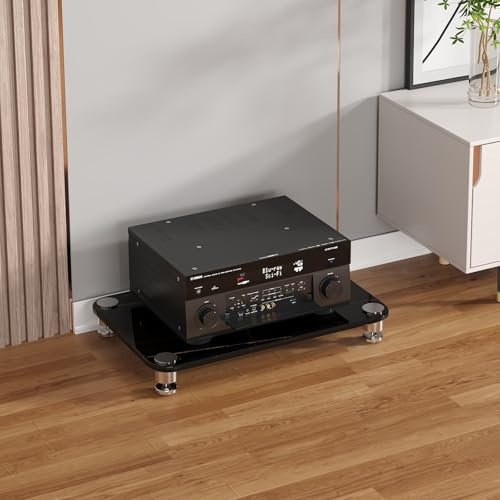 Mobile multimediale AV in vetro con design diviso a 1 strato per apparecchiature audio/video, sistema stereo e giradischi mobili home theater (nero)