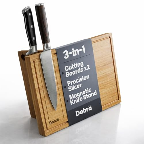 Bamboo Cutting Board with Stand – Cutting Board Organizer with Magnetic Knife Holder and Bread Slicer Guide, Space Saving Kitchen Organizer, 14x9” Extra Large
