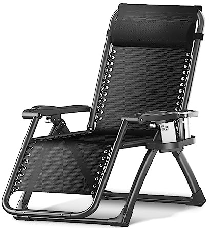 Loungesessel – verstellbare faltbare Terrassen-Sonnenliege mit Getränkehalter & Kissen für Outdoor Indoor Strand Camping – Schwarz mit Kissen C