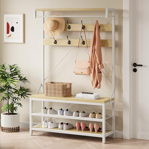 Garvee Porte-Manteau Avec Etagère à Chaussures, Meuble D’Entrée Avec Banc Fonctionnelle Et Peu Encombrant Arbre D'Entrée Esthétique Moderne Chambre Couloir 102 x 40 x 183cm 8 Crochets, Naturel