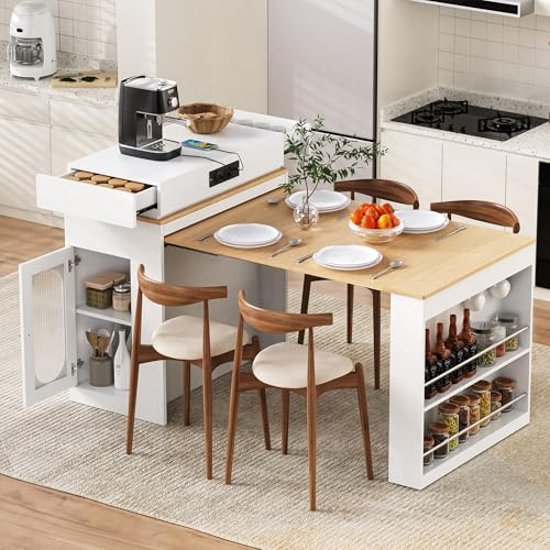 Bladez Isla de cocina moderna con mesa extensible y enchufes, isla de cocina con espacio de almacenamiento, armario de cristal y ganchos, mesa de bar multifuncional o aparador para cocina y comedor