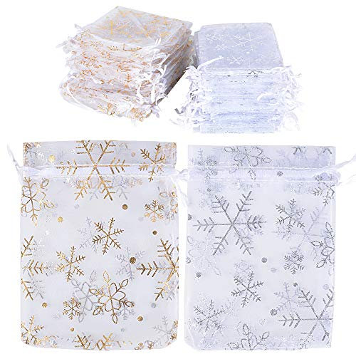 (9 * 12cm) 100pz Sacchetti Organza Colorato Bustine Buste Fiocchi di Neve Sacchettini per Confetti Gioielli Matrimonio Comunione Battesimo Festa (50 pz oro + 50 pz argento) (BIANCO)