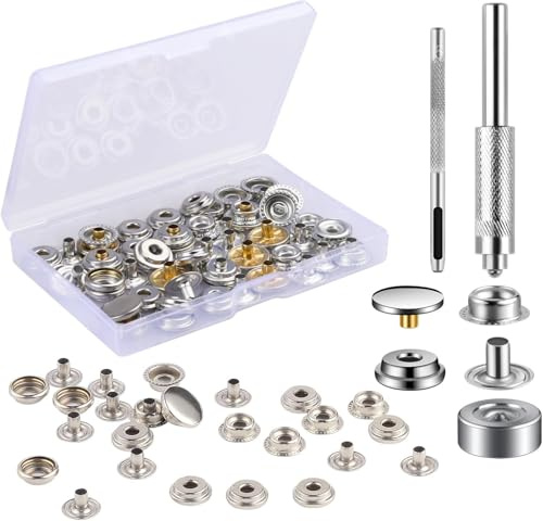 MSDADA 10 Sets Druckknopf Set Schwerlast Leder Druckknöpfe 15 mm Robustes Leder Druckknopf Set Druckknöpfe mit 3 Montagewerkzeugen Ledernieten und Druckknöpfen Silber