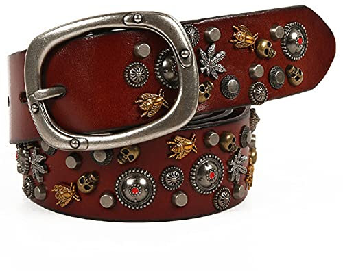 Herren Damen Gürtel Mit Totenkopf Metall Schädel Nieten Echtleder Nietengürtel Dornschließe 3,8 cm Breit/Gesamtlänge Ist Angegeben,Braun,115cm/waist:38~40