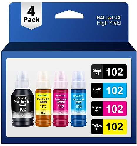 HALLOLUX 102 Tinte Kompatibel für Epson 102 Tintenflasche Multipack für Epson ET-2700 ET-2750 ET-2751 ET-2756 ET-3700 ET-3750 ET-4750 ET-15000 102 Schwarz 102 C/M/Y