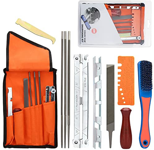 Affuteuse de Tronçonneuse Professionnel Kit d'Affûtage Universel pour Tronçonneuses 11 Pièces Kit Affutage Chaine Tronçonneuse avec Limes Rondes,Lime Plate, Manche, Guide de Lime et Pochette
