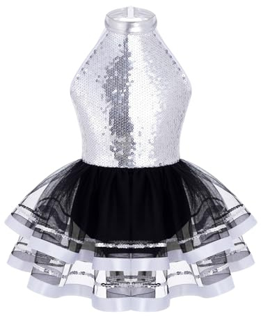 Mufeng Mädchen Glitzer Ballettkleid Ärmellos Tanzkleid mit Pailletten Neckholder Ballettanzug Tutu Rock Bühnenauftritt Tanzkleidung Ab Silber 134-140
