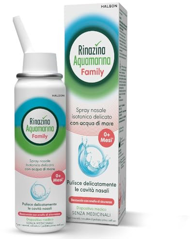Rinazina Aquamarina Family Spray Nasale Isotonico Delicato, per Tutta la Famiglia, adatto per il lavaggio nasale di Bambini, Adulti e Neonati, 100 ml