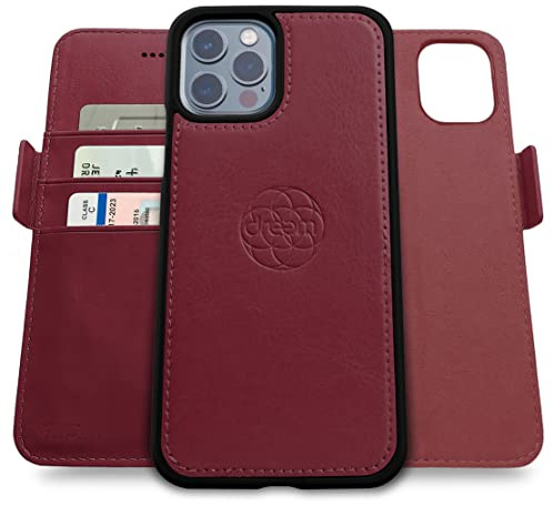 Dreem Vegan Leder Handyhülle für iPhone 13 Pro, Magnetisch & Abnehmbar | Integrierter Handyhalter, RFID-blockierende Kartenhülle, Klapphülle, MagSafe-kompatibel, Geschenkbox [Fibonacci: Burgund]