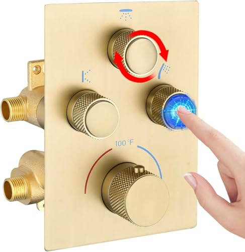 NPYSVSSS Modern Push Button 3 Way Thermostatic Shower Valve, Concealed 3 Outlet Multi Function Brass Mixer Shower Diverter Valve Kit Can Control Flow and On-Off Simultaneously, Brushed Gold