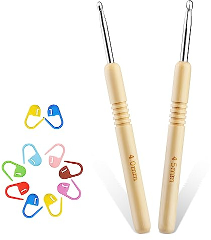 Deudy 2 Stück Häkelnadeln, 4,0 mm–4,5 mm Häkelnadel-Set für Anfänger | Ergonomische Holzgriffe zum Häkeln mit Maschenmarkierern für Anfänger DIY-Stricker Häkelgarn