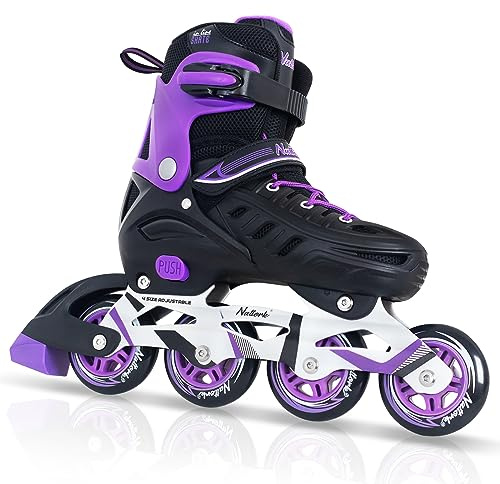 Purple Inline Skates for Youth Girls Women, 4 Sizes Adjustable Blades Roller Skates with Ankle Support, Adjustable Strap, 90mm Wheels and Soft Boot Fit for Skating, Roller Derby, Street Hockey