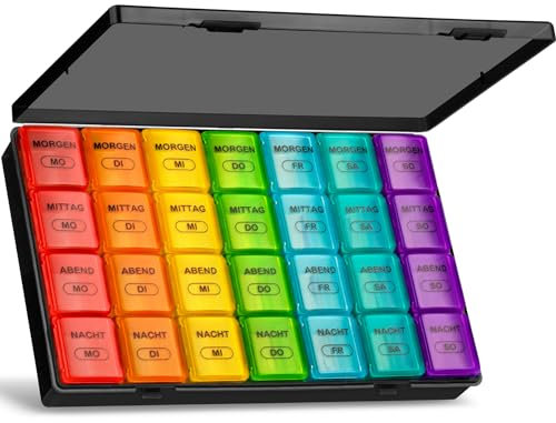 Tablettenbox 7 Tage Große Fächer, Medikamentenbox 7 Tage 4 Fächer Tabletten Organizer, Tablettendose für Kinder äLtere und Arthritische HäNde Tablettenbox 7 Tage Morgens Mittags Abends - Schwarz