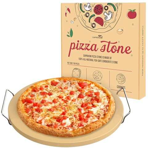 Caprihom Runder Pizzastein für Grill, 40,6 cm, mit Griffen, robuster Cordierit-Pizzastein für den Ofen, thermoschockbeständiger Backstein, inklusive Metallgestell und Schaber