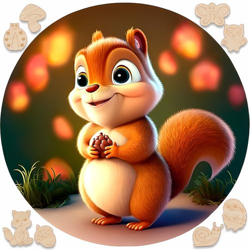 Holzpuzzle Für Kinder Ab 4 Jahre - Rundes Kinderpuzzles Holz 50 Teile - Holz Puzzle Tiere Für Mädchen Oder Jungen - Wooden Puzzle - Geburtstags Weihnachten Geschenke (Eichhörnchen)