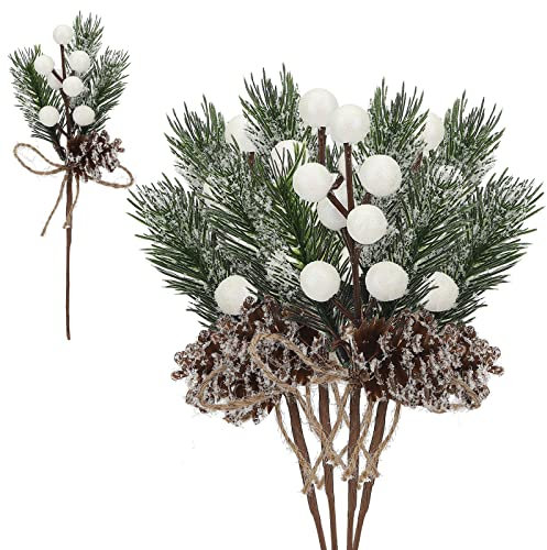 10/20 Stück Künstliche Kiefern-Picks, Beflockte Stechpalmen-Weihnachtsstiel mit Roten Beeren, Künstliche Tannenzapfen, Stechpalmen-Stiel Zum Basteln, Winterurlaub-Blumen-Picks Zum(20 Stück/Weiß)