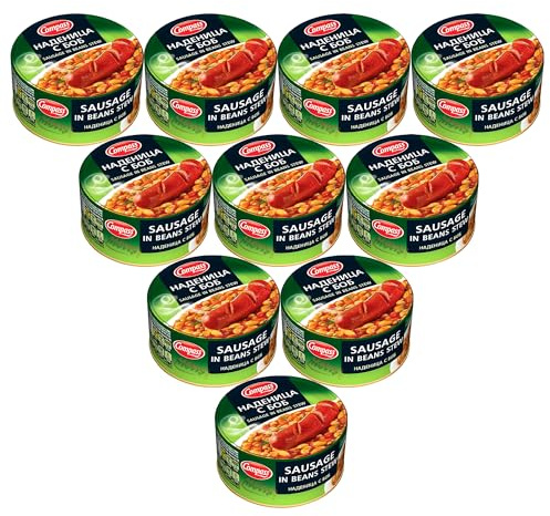 Compass Sausage in Beans Stew - Canned Ready Meals - 300g Tinned Bulgarian Food Meal Pouches - MRE & Camping | Ready to Eat Hot or Cold - Meal Replacement (Sausage in beans stew, 10 Pack)