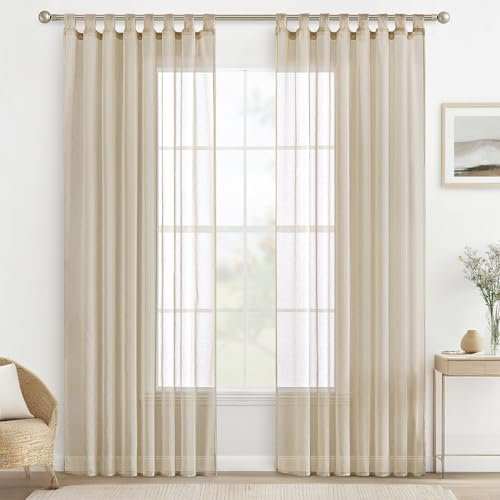 MIULEE Gardinen Schlaufenschal 2er Set Vorhänge Transparente Schlaufen Gardine aus Voile Vorhang Transparent Wohnzimmer Luftig Dekoschal für Schlafzimmer 225 x 140 cm (H x B), Tab Top Khaki