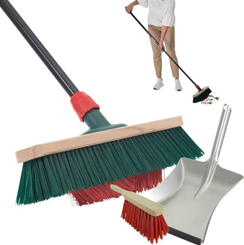 Novaliv Escoba de jardín con mango en V, 40 cm, cerdas de elastón, incluye recogedor galvanizado, compuesto de recogedor y escoba de mano, escoba de patio, escoba de establo, escoba para exteriores