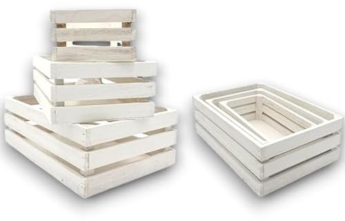 Generico Set 3 Cassette in Legno Bianco Impilabili, misure 22x12x7cm, 26x16x8,5cm, 30x20x10cm, Cestini Portaoggetti Decorativi con Maniglie, Scatola organizer per camera, cucina, bagno