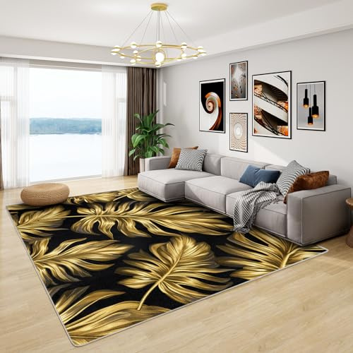 Tropical Rugs for Living Room - Monstera Leaf Rug, Black and Gold Rugs for Living Room Bedroom, Washable Non Slip Soft Small Carpet, Patterned Area Rugs & Home Decor 80x150 cm