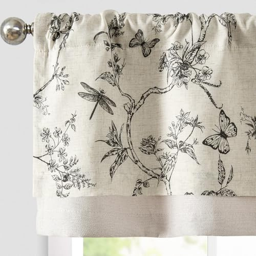 TOPICK Leinen Scheibengardinen Blickdicht Küchengardinen Frühling Landhausstil Gardinen Schmetterling Verdunkelnd Vorhänge Kurz Bistrogardine Volant Fenster 1er Pack Schwarz auf Beige 40Hx125B(cm)