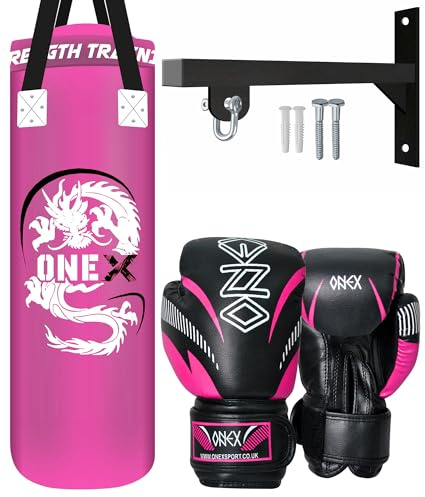 Punch Bag 3FT Heavy Duty Filled Boxing Bag Set Hanging Wall Bracket Punching Gloves MMA Kickboxing Training Muay Thai Karate BJJ Home Gym Fitness Equipment (Pink)
