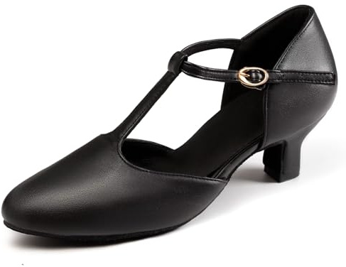 Asyusyu T Strap Character Shoes Black Dance Shoes with Low Heel for Salsa Ballroom