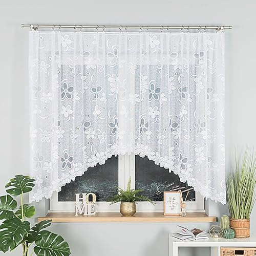 Gardinen Vorhangen Weiß 500x150 cm (BxH) Atorno Blumenmotiv Stores Gardinen mit Kräuselband Kurz Jacquard Scheibengardine Wohnzimmer Vorhänge Fertiggardine Küchengardinen Bogen Kurzstores