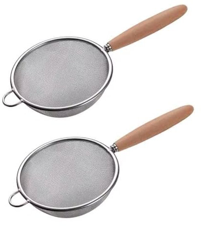Passoire à thé en acier inoxydable avec poignée (bois), tamis pour thé, café, cocktails, jus, infuseur à thé, passoire à nourriture, tamis à matcha (10 cm, 2 pièces)
