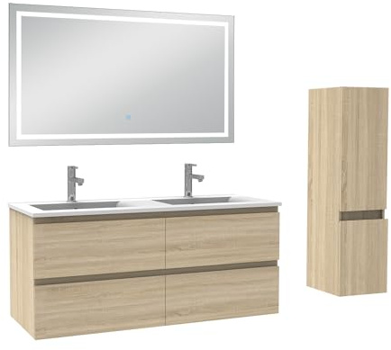 AICA Ensemble Meuble Salle de Bain 120cm Double Vasque avec Colonne et Miroir 3 Couleurs Chêne Wotan
