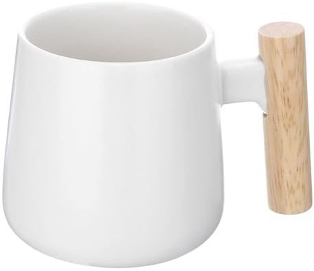 sourcing map Ceramic Coffee Mug 12.85 Oz Simple Wooden Handle Large Coffee Mugs Handmade Ceramic Tea Cup for Latte Coffee Tea Soup for Office Home and Gifts for Women and Men, White