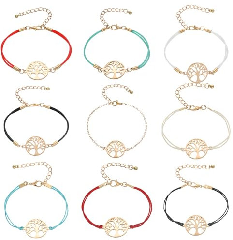 Sxutop 9 Pezzi Braccialetti Dell'amicizia Colorati Braccialetto con Ciondolo in Metallo Oro Creativo Bracciale Albero Della Vita Bracciale Donna Regolabili per Donne e Ragazze Compleanno Anniversario