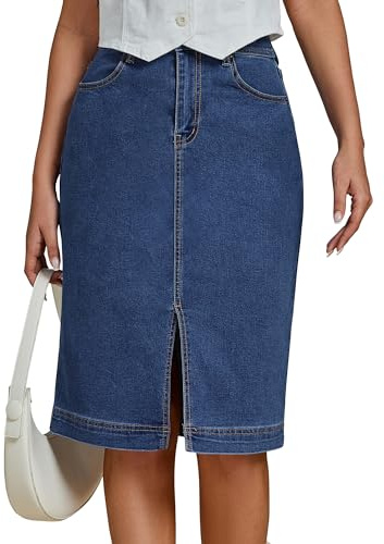 luvamia Stretchy Denim Skirts for Women Jean Midi Denim with Slit Womens Skirts Midi Length Classic Blue Size Large US 12 to 14