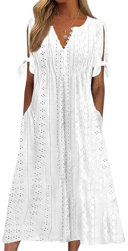 CheChury Vestidos Casual Mujer Verano Vestido Largos Vestido de Playa Cuello en V Boho Vestido Verano Bohemio Sueltos Vestidos A-Line con Bolsillos Manga Corta Vestido Vacaciones Vestido Midi Elegante