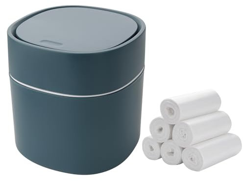 Ronyes Mini Desk Trash Can with Press Lid with Trash Bags 180 pcs Press-Top 2 Litres Tiny Garbage Bin for Office, Bedroom Countertop Use Small Table Top Plastic Covered Waste Basket Can (Blue)