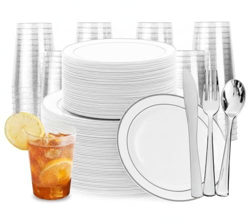 MATANA 360-teiliges Premium Geschirrset – Wiederverwendbar & Elegant für 60 Gäste – Weiße Teller mit Silberrand, Becher & 180-teiliges Besteck – Ideal für Hochzeiten, Partys & Feiern