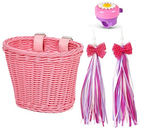 Kids Bike Basket,Children's Bicycle Basket,Handwoven Cycle Basket,Bike Handle Bowknot Streamers and Bell,Bike Decoration Accessories Kit for Girls Boy,Easy Install Detachable (Pink)