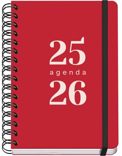 Dohe - Skolkalender 2025 2026 - Dag per sida, Storlek A5 (15x21 cm), Spanska och Engelska, September till Juni, Dubbelspiralbindning och Resårband, Flexibelt omslag, 4 Klistersidesark - GRAMMAR Röd