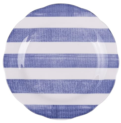 Versilia - Juego de 6 platos de postre de porcelana, borde festoneado con decoración de rayas, color azul