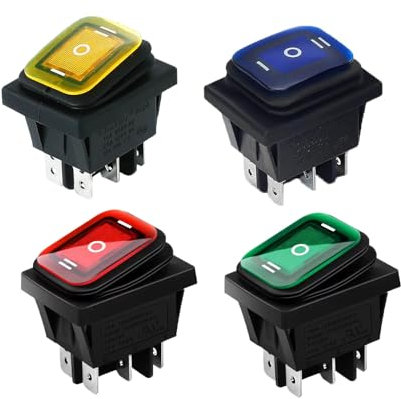 Switian Interrupteur à Bascule DPST 6 Bornes 3 Positions On/Off/On - 4 Pièces pour Bateau, Voiture, Moto, Machines - 16A 250VAC/20A 125VAC(LED Bleu/Rouge/Vert/Jaune)