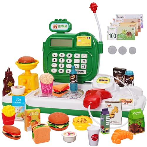 Yosamy Caisse Enregistreuse pour Enfants avec Son,Microphone,40 Pièces Caisse Enregistreuse pour Filles,Accessoires pour Boutique, Jouets pour Jeux De Rôle,Thème Pâtisserie,Vert
