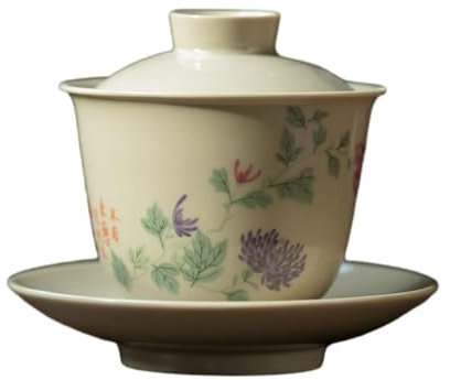 Chinesische Retro-Holzschüssel aus grauem glasiertem Keramikdeckel, Kung-Fu-Teeset, chinesischer Tee brauen – lila Chrysantheme