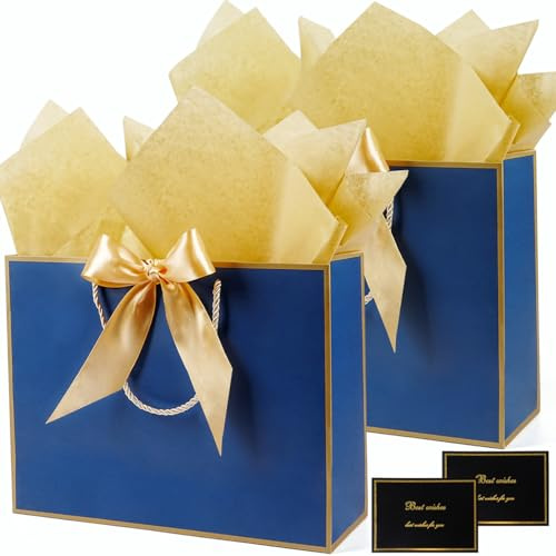 2 Stück Geschenktüten groß, Marineblau Gold Geschenktüte Set mit Seidenpapier und Grußkarte, Papiertüten mit Schleife Henkel, Geschenktaschen Papier für Geburtstag, Party, Hochzeit, 32 x 11 x 25 cm