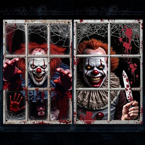 Qylazune 2PCS Halloween Decorations clown Curtain background Killer Clown Decorations, Scary Horror Window Clings, Haunted House Props for Indoor Outdoor Halloween Party, Spooky Trick or Treat Decor